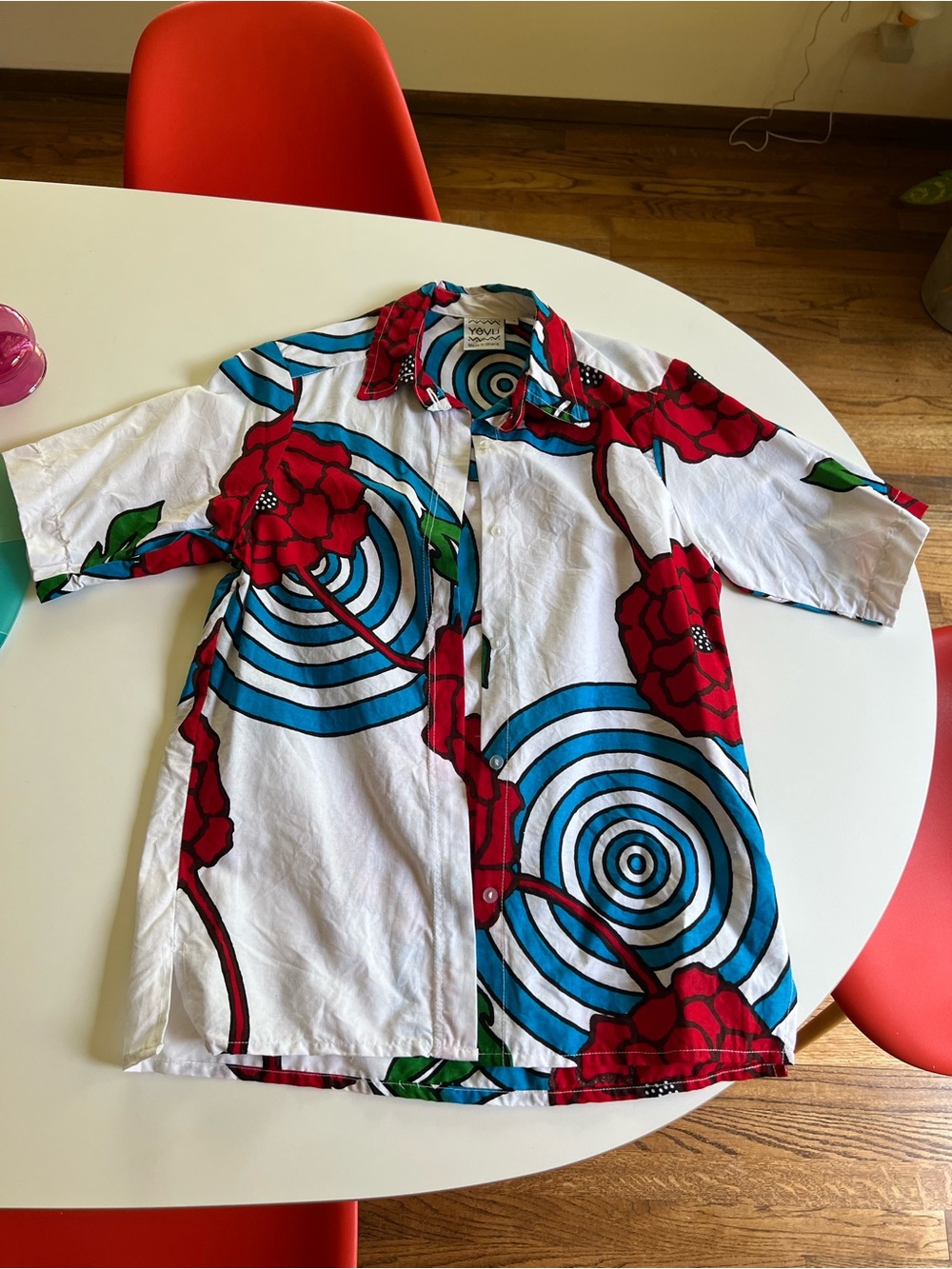 YEVU Button Down Shirt XS Red Floral Blue Swirl Wax Print Ethical Made in Ghana